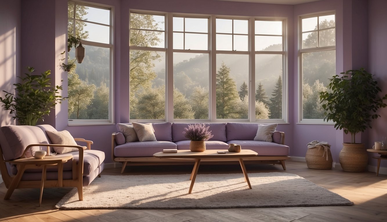 A west-facing room with lavender mist paint, casting a warm, soft glow on the walls and furniture. Sunlight filters through the windows, creating a serene and inviting atmosphere