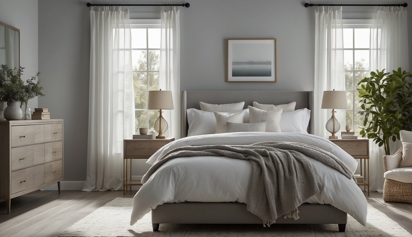 A serene guest bedroom with Repose Gray walls, accented with white trim and soft, neutral bedding. Sunlight filters through sheer curtains, casting a warm glow on the room