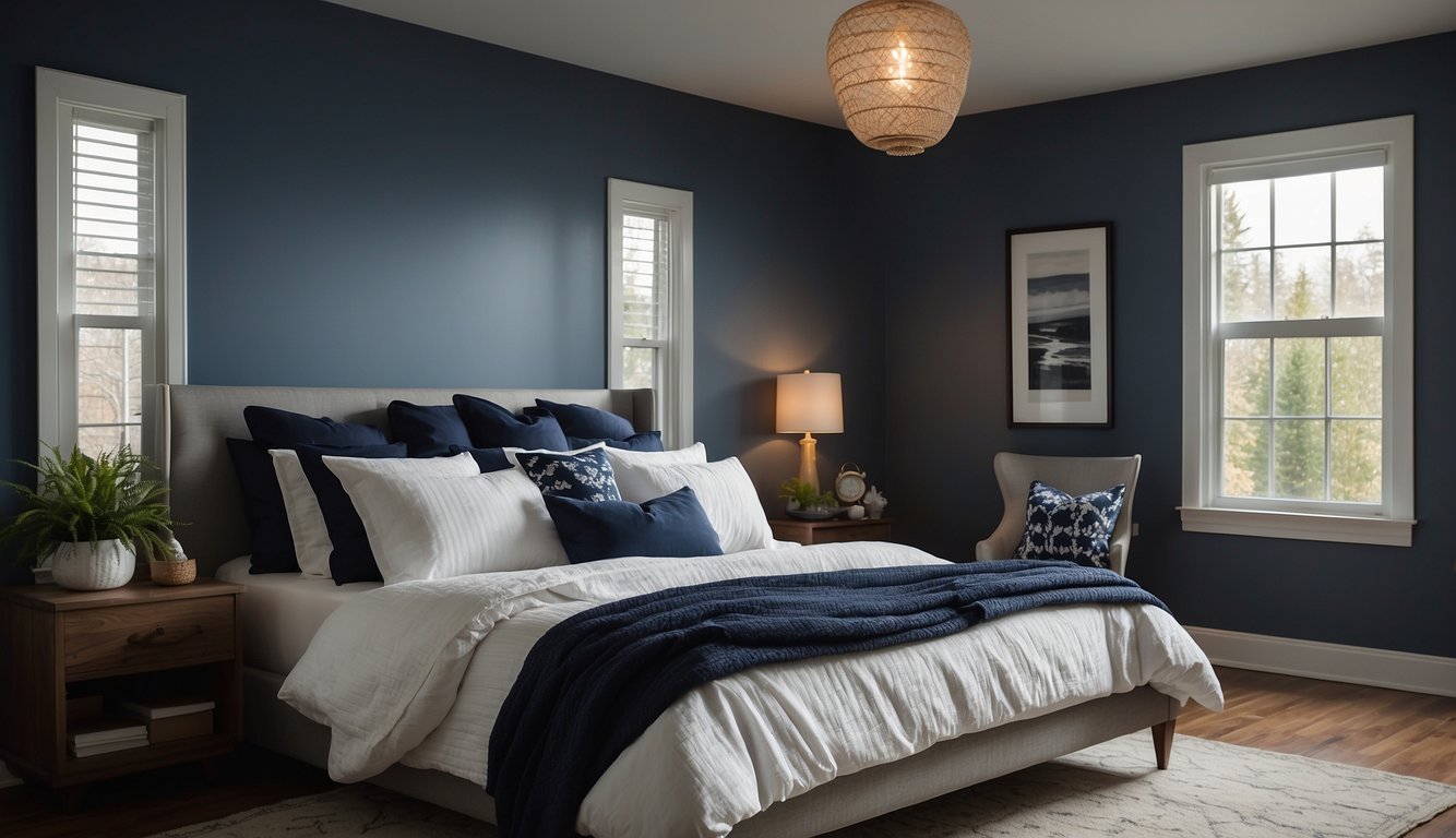 The guest bedroom is bathed in soft, welcoming hues of tranquil blue, warm gray, and creamy beige. Sunlight streams through the window, casting a gentle glow on the walls