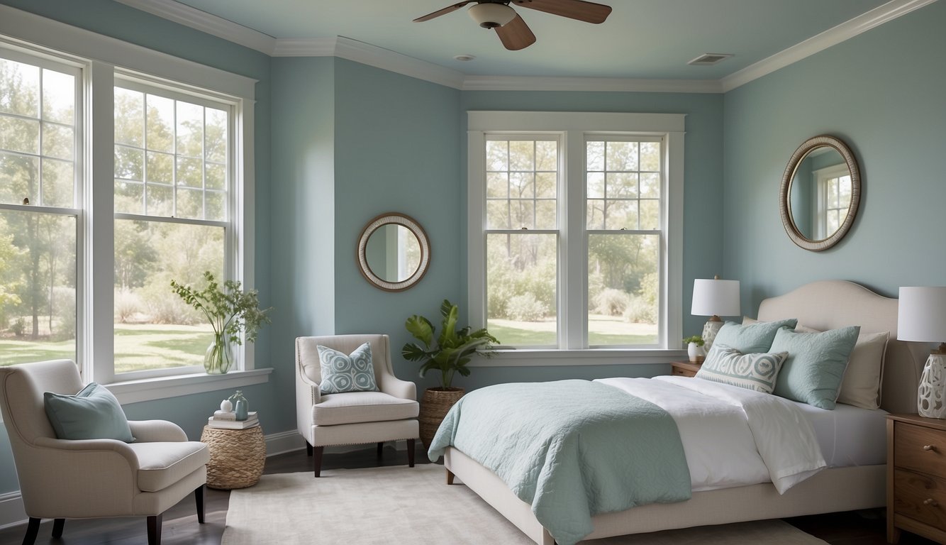 The guest bedroom is painted in Sea Salt by Sherwin-Williams, a soft and calming blue-green color. The walls are adorned with white trim, and the room is filled with natural light from a large window