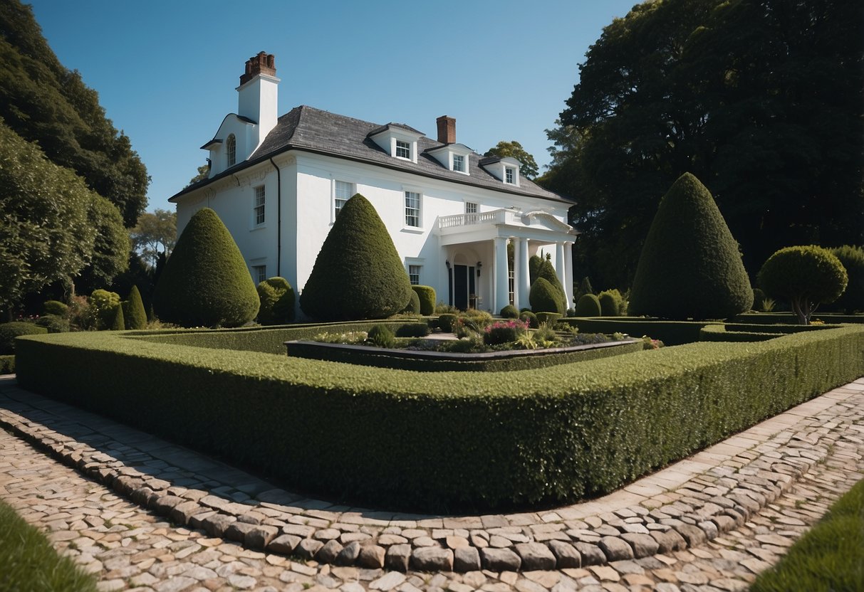 A classic white house with navy trim stands against a clear blue sky, surrounded by neatly trimmed green hedges and a cobblestone pathway