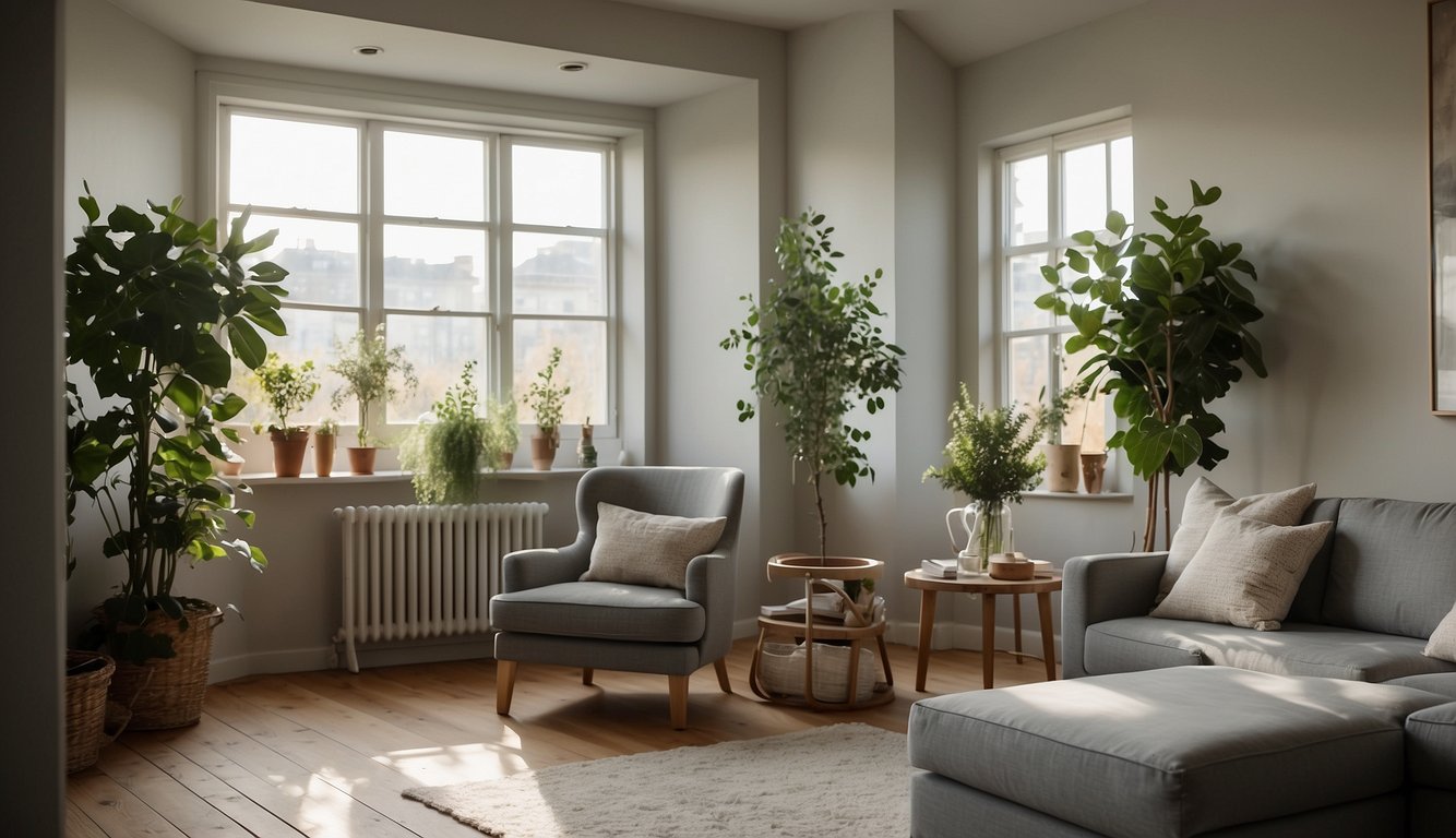 A sunlit room with warm, soft gray walls, casting a gentle glow on the furniture and decor. Light streams in from the south-facing windows, illuminating the space with a cozy, inviting ambiance