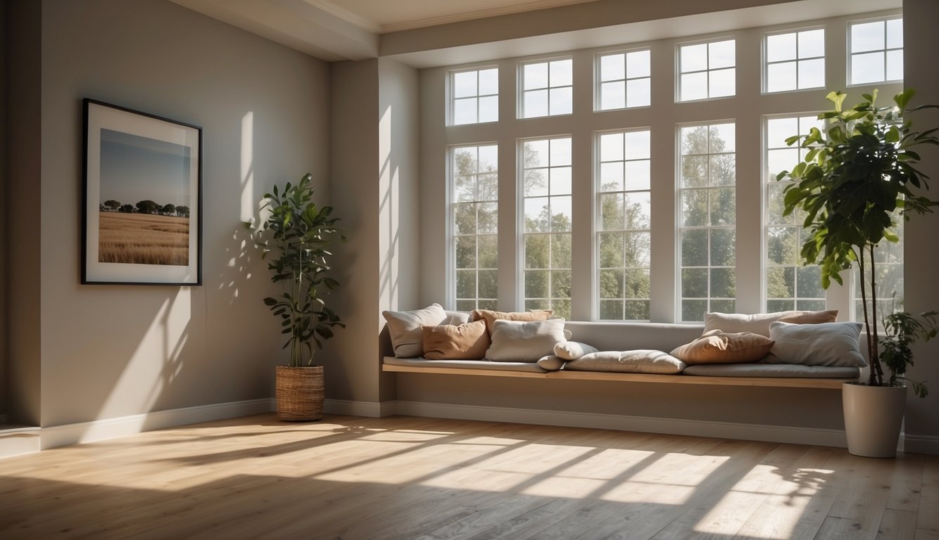 A sunlit room with soft shadows, featuring Agreeable Gray walls and warm natural light streaming in from the south-facing windows