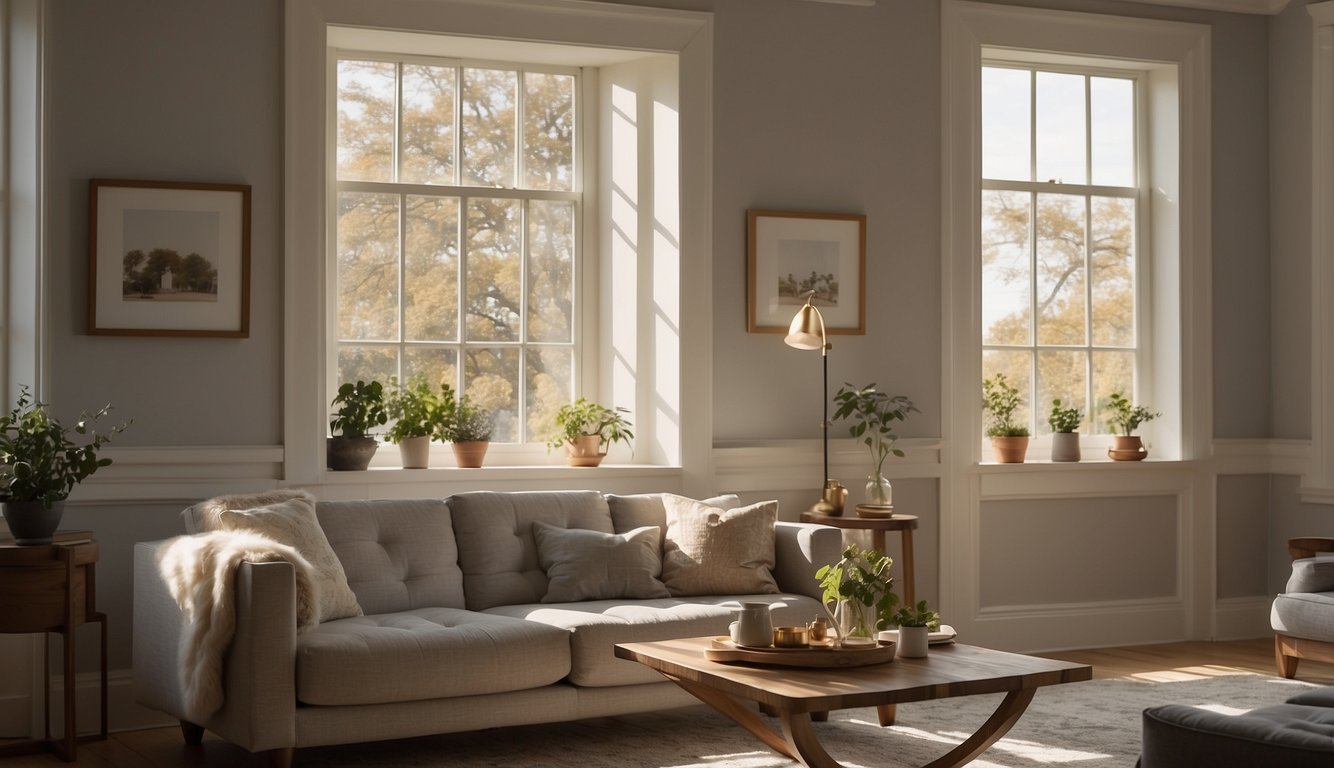 A sunlit room with warm light streaming in through the south-facing window, casting a soft glow on the walls painted in Edgecomb Gray by Benjamin Moore