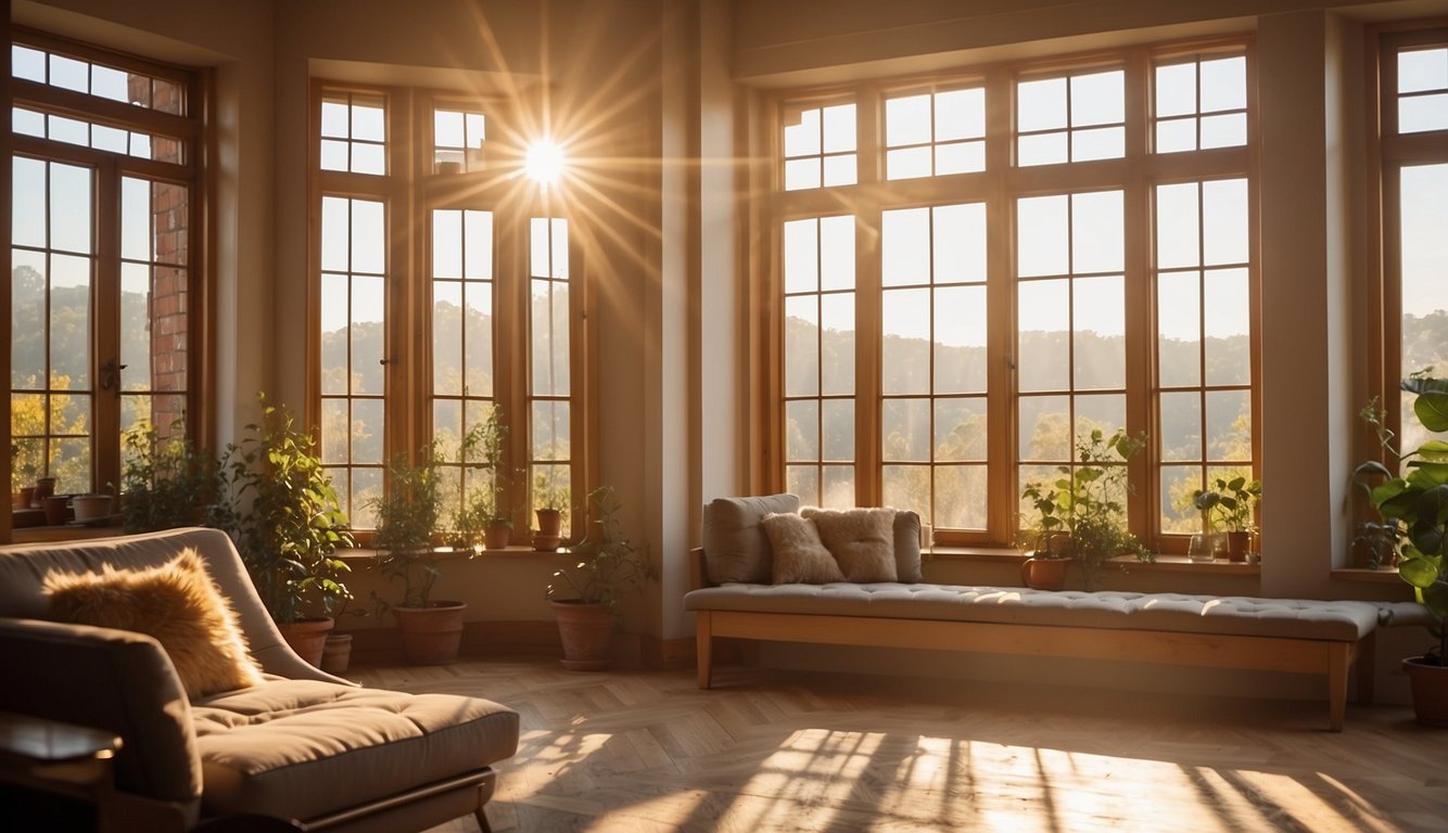 A bright, sunlit room with warm, golden undertones. Light streams in through the south-facing windows, casting a soft glow on the Pale Oak walls