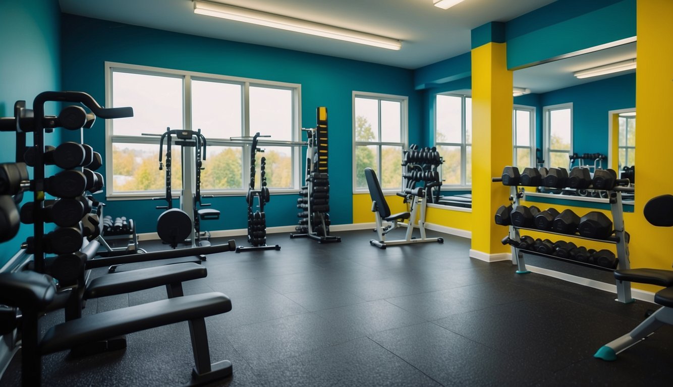 Brightly lit home gym with walls painted in vibrant shades of blue, green, and yellow. Dumbbells and exercise equipment neatly arranged in the corner