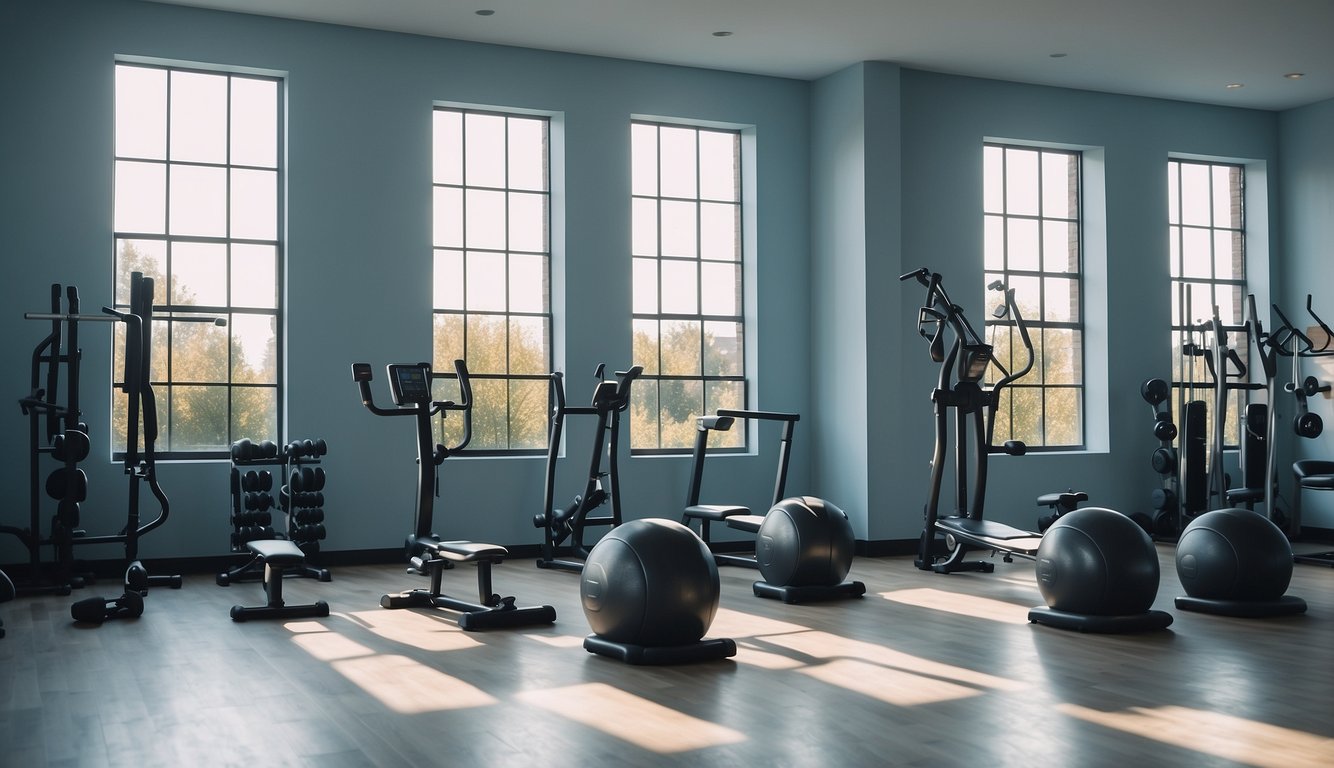 A spacious home gym with light blue walls and minimal decor. Sunlight streams in through large windows, casting a serene and tranquil atmosphere