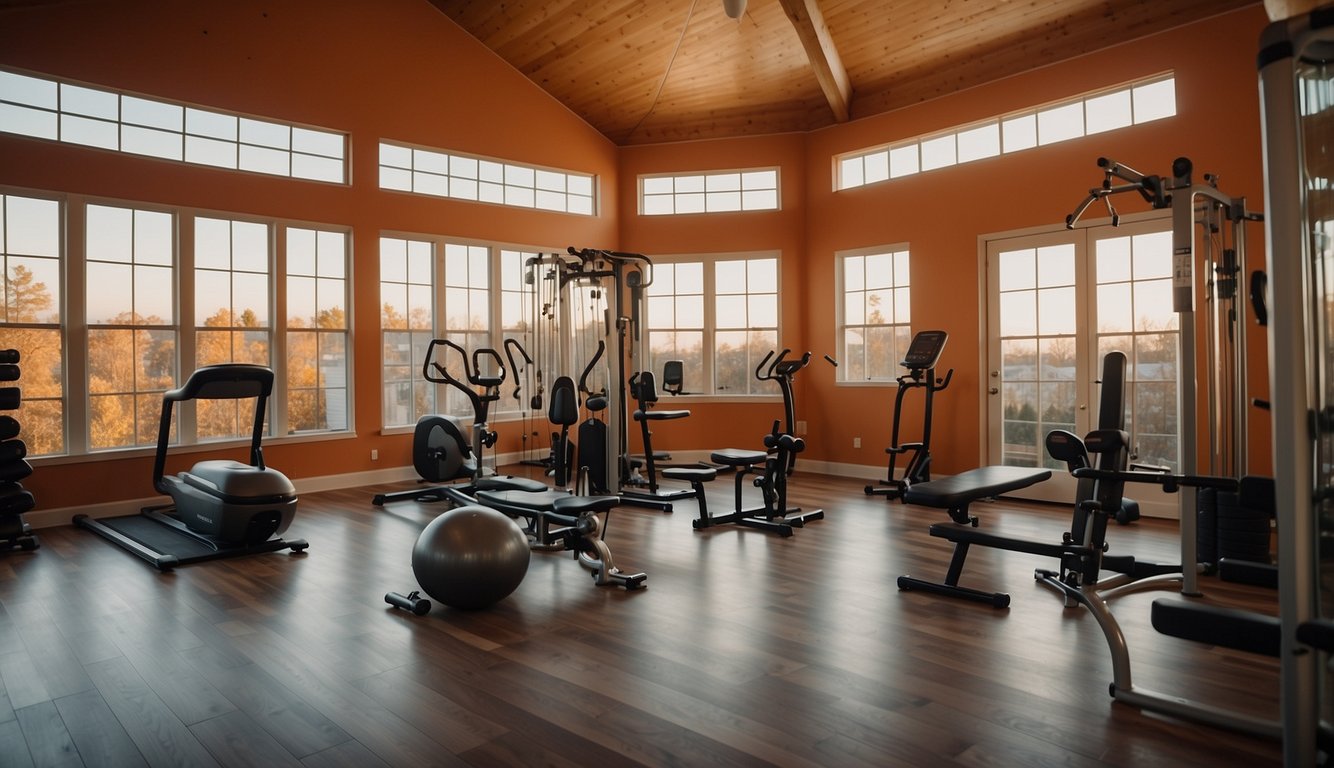 A home gym with sunset orange walls, filled with exercise equipment and natural light streaming in through large windows