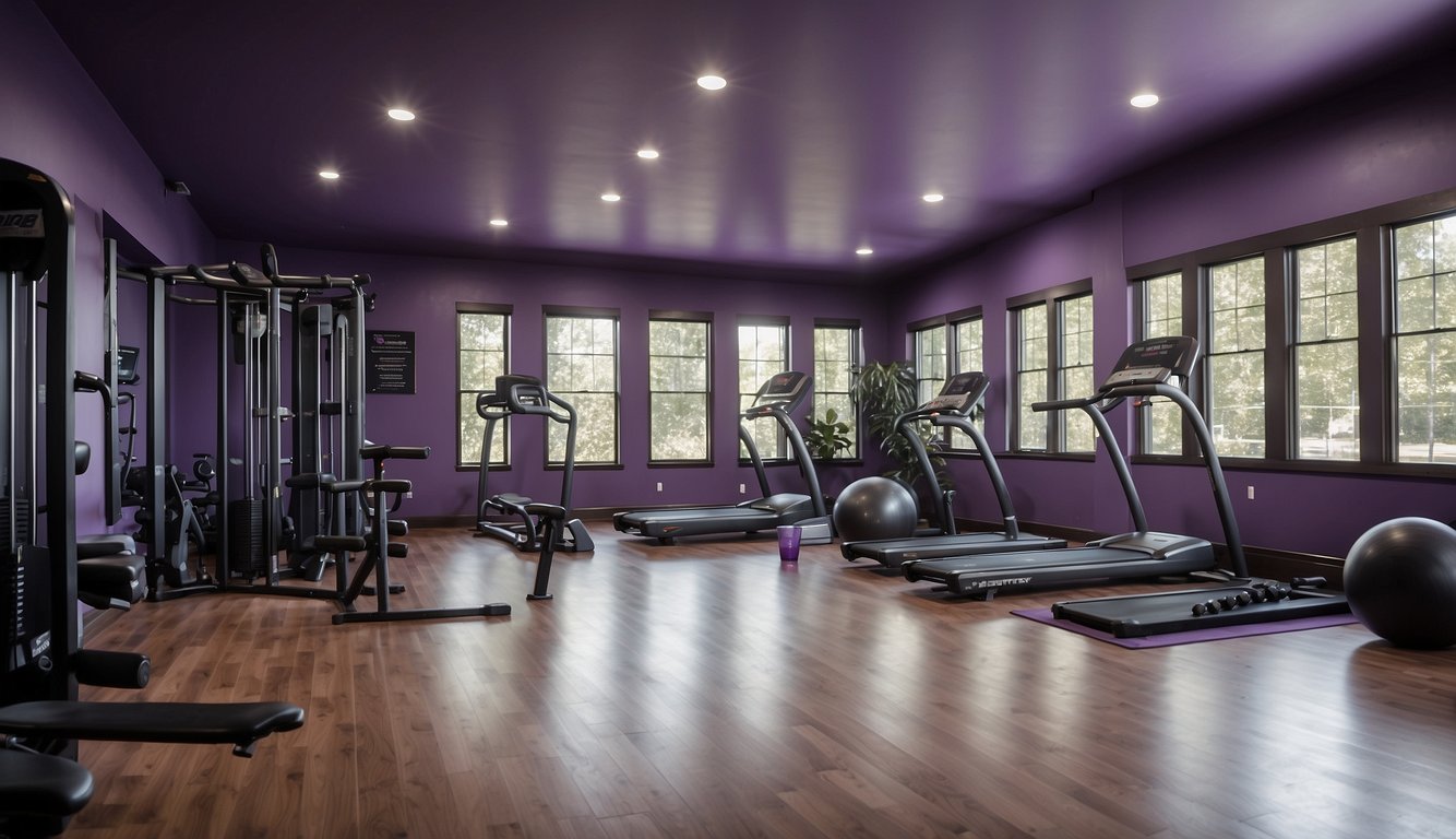 A spacious home gym with Power Purple 8 paint on the walls, featuring exercise equipment and motivational quotes