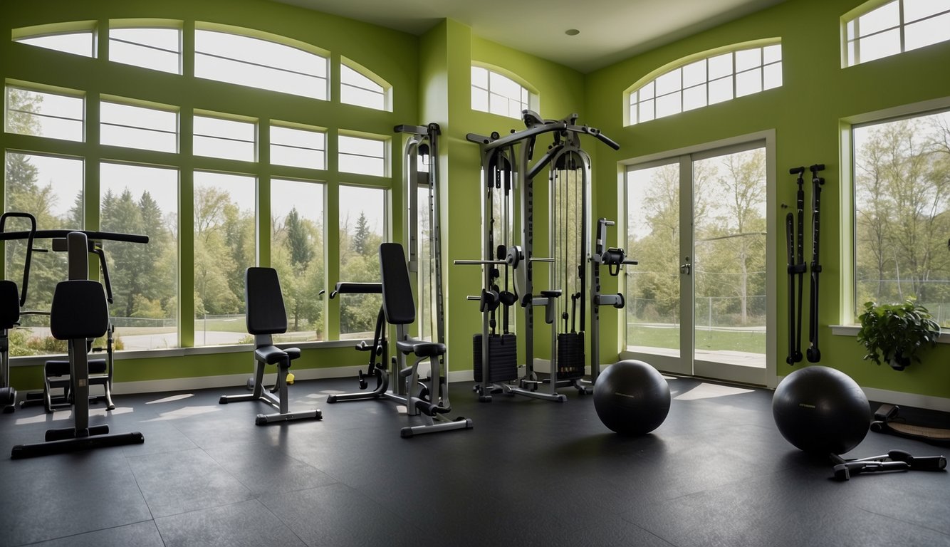 A home gym with lime green walls, exercise equipment, and natural light streaming in through windows