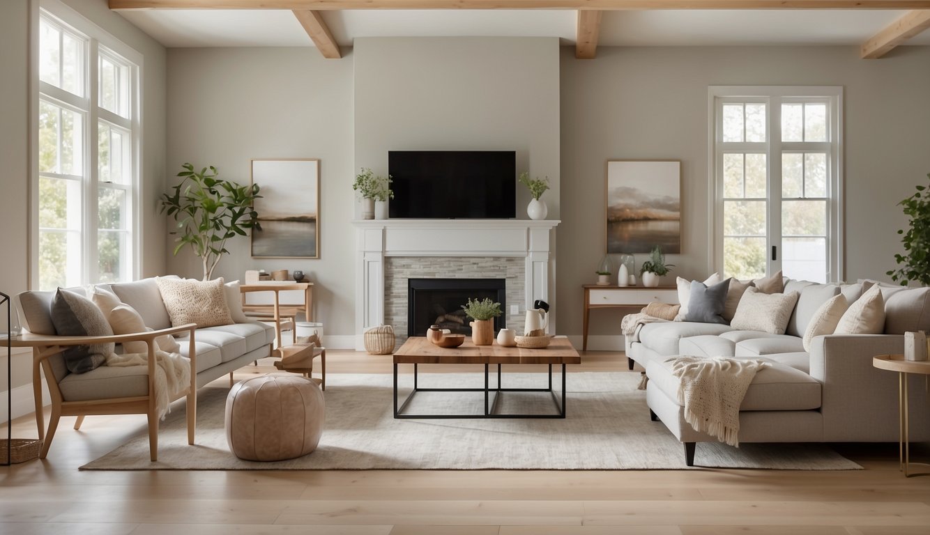 A spacious living room with light wood floors, bathed in natural light. The walls are painted in Balboa Mist by Benjamin Moore, creating a soft and serene atmosphere