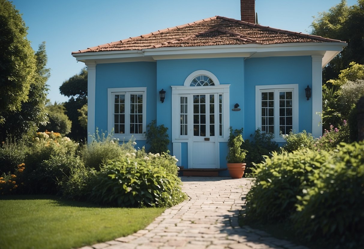 A charming house with light blue walls and white trims, surrounded by lush greenery under a clear blue sky