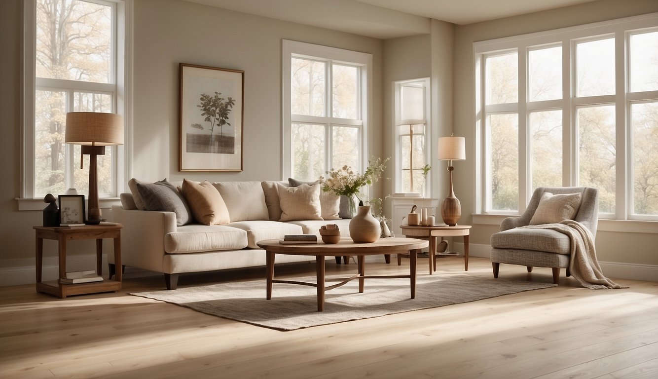 A sunlit room with light wood floors, painted in Swiss Coffee by Behr. Soft, warm tones create a cozy atmosphere, accented by natural light streaming through the windows