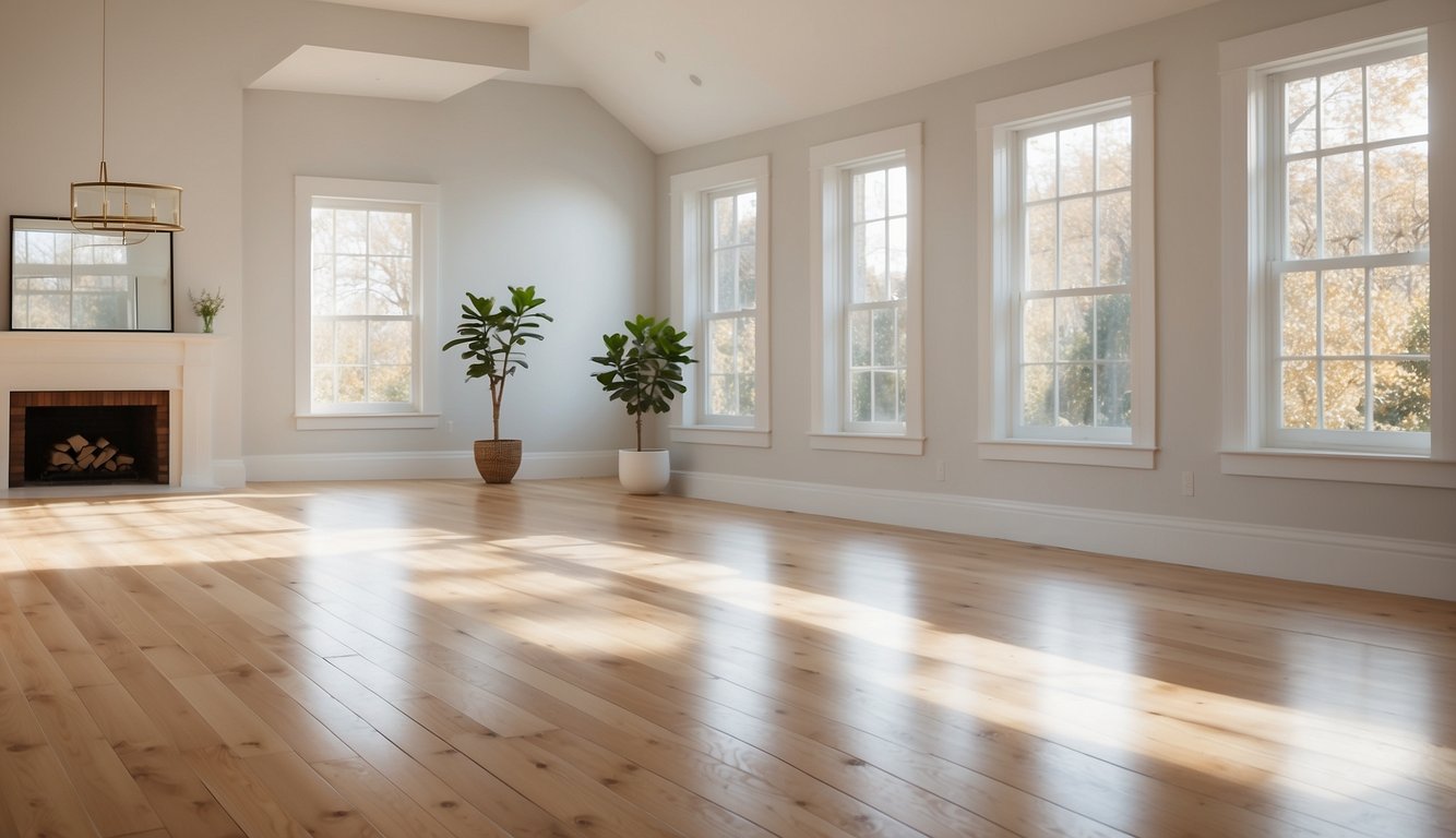 A bright, airy room with light wood floors painted in Simply White by Benjamin Moore. Sunlight streams in through large windows, casting a warm glow on the clean, minimalist space