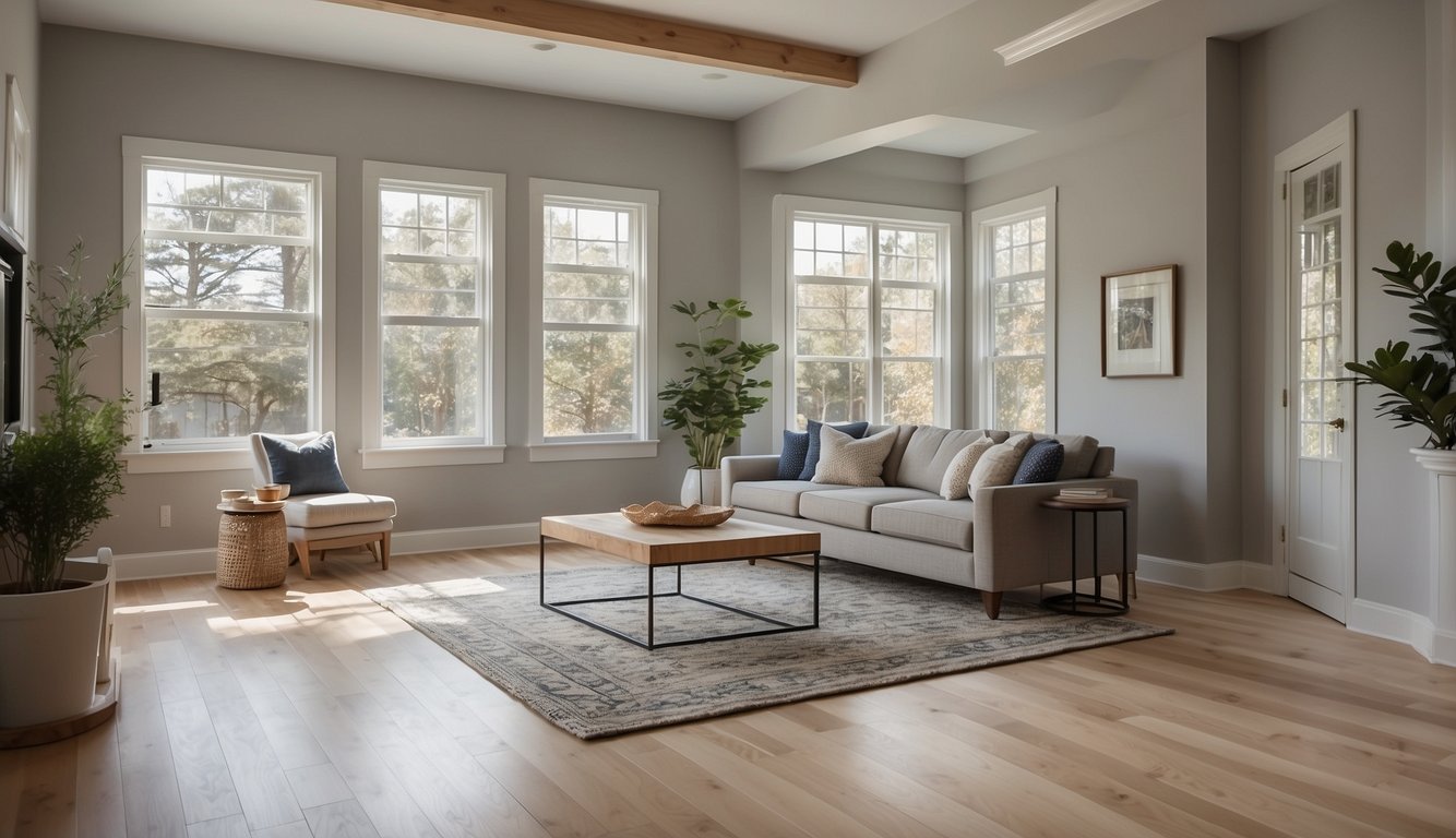 A spacious living room with light wood floors, bathed in natural light. The walls are painted in Revere Pewter by Benjamin Moore, creating a warm and inviting atmosphere