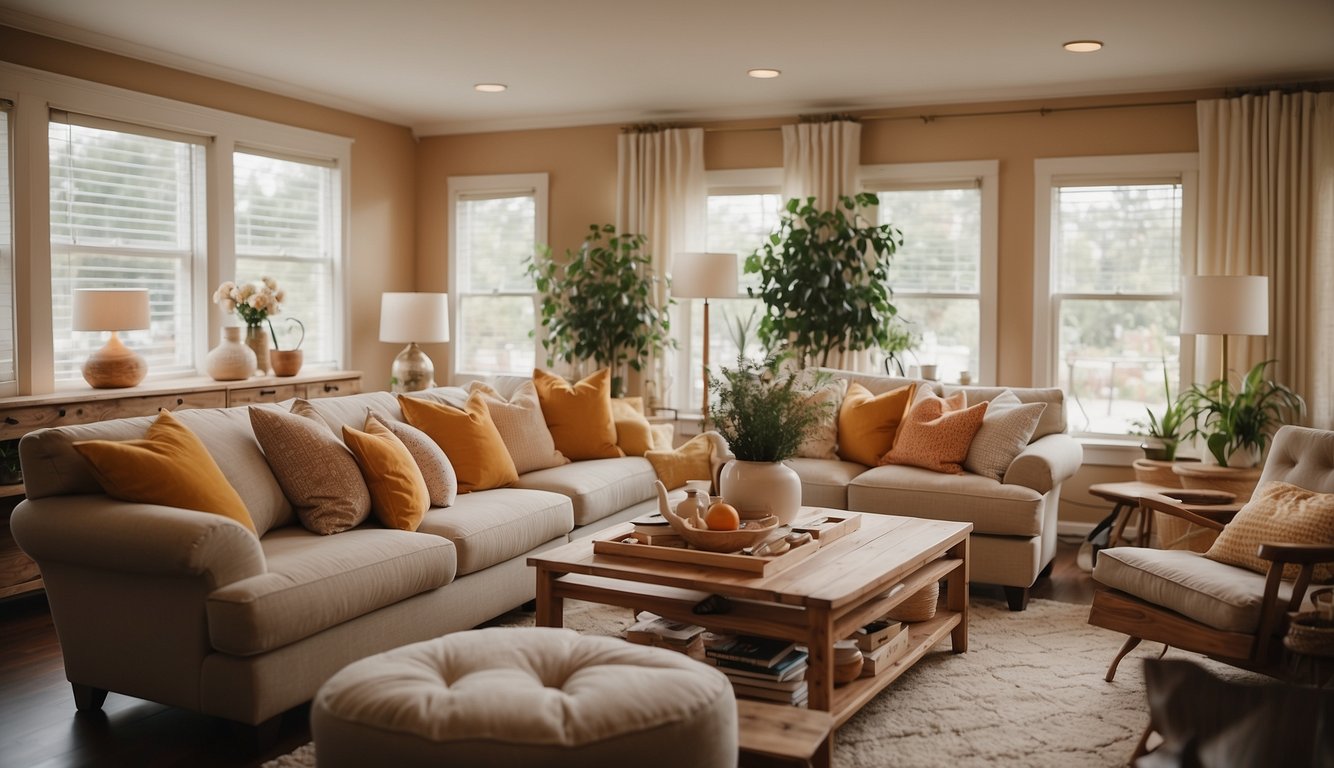 A cozy living room with warm, inviting colors. Soft, neutral tones create a relaxing atmosphere, while pops of bold colors add vibrancy. Comfortable furniture and plenty of natural light complete the welcoming space