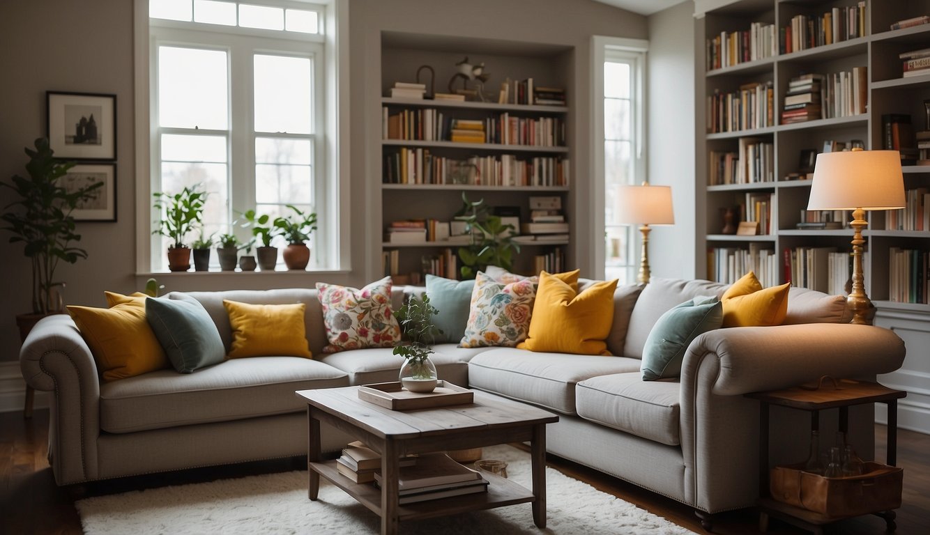 A cozy living room with Revere Pewter walls, a plush sofa, and warm lighting. A bookshelf filled with colorful books adds a pop of contrast to the neutral color scheme