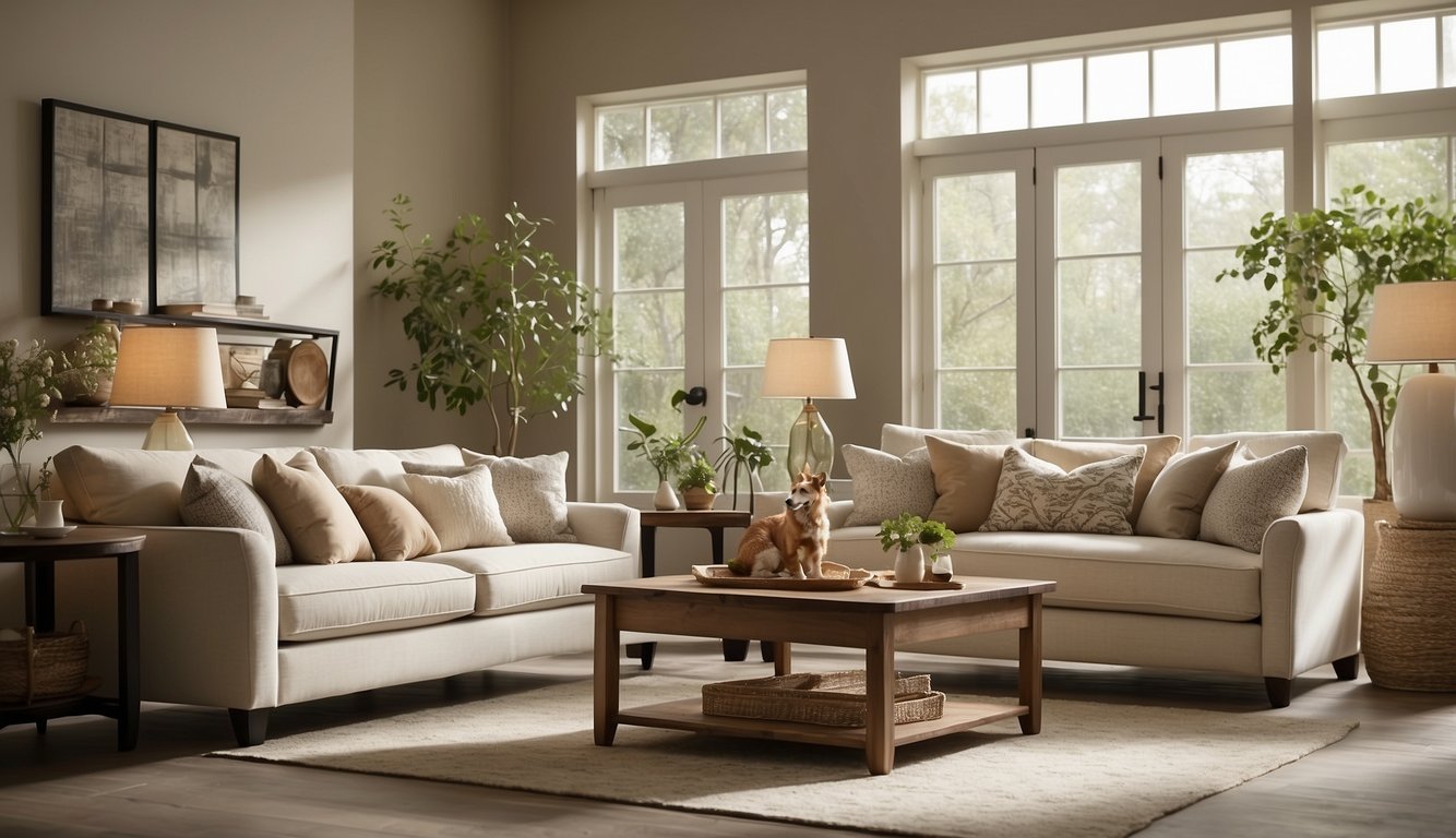 A cozy living room with soft, warm lighting and neutral furniture. The walls are painted in a light, airy shade of Balboa Mist by Benjamin Moore