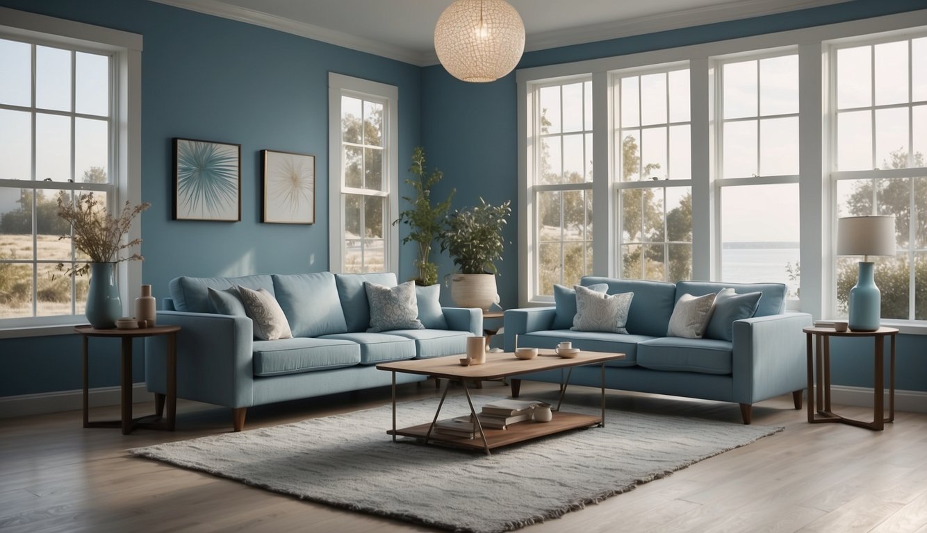 The living room is bathed in a soft, calming Sea Salt blue, creating a serene and inviting atmosphere. Light filters in through the windows, casting a gentle glow on the walls