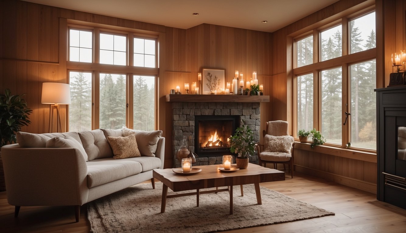 A cozy living room with Pale Oak walls, a plush sofa, and a warm fireplace. Sunlight streams in through the window, casting a soft glow on the room