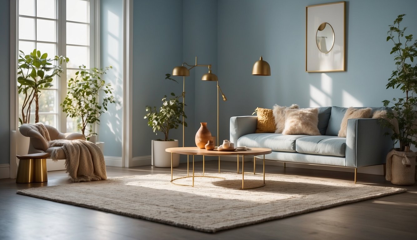 Soft morning light illuminates a room with pale blue walls and warm, golden accents. A soft, neutral rug ties the space together, creating a peaceful and inviting atmosphere