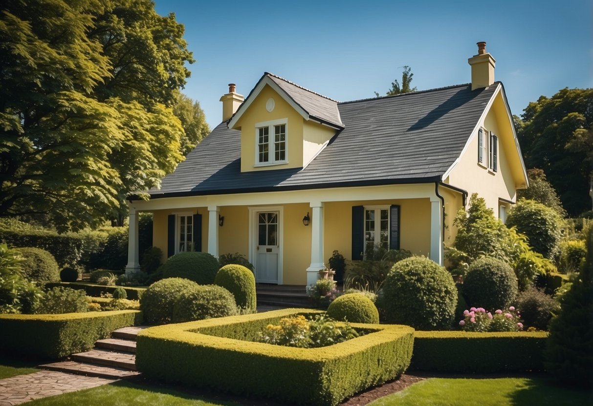 A pale yellow house with a dark grey roof stands against a clear blue sky, surrounded by lush green trees and a neatly manicured garden