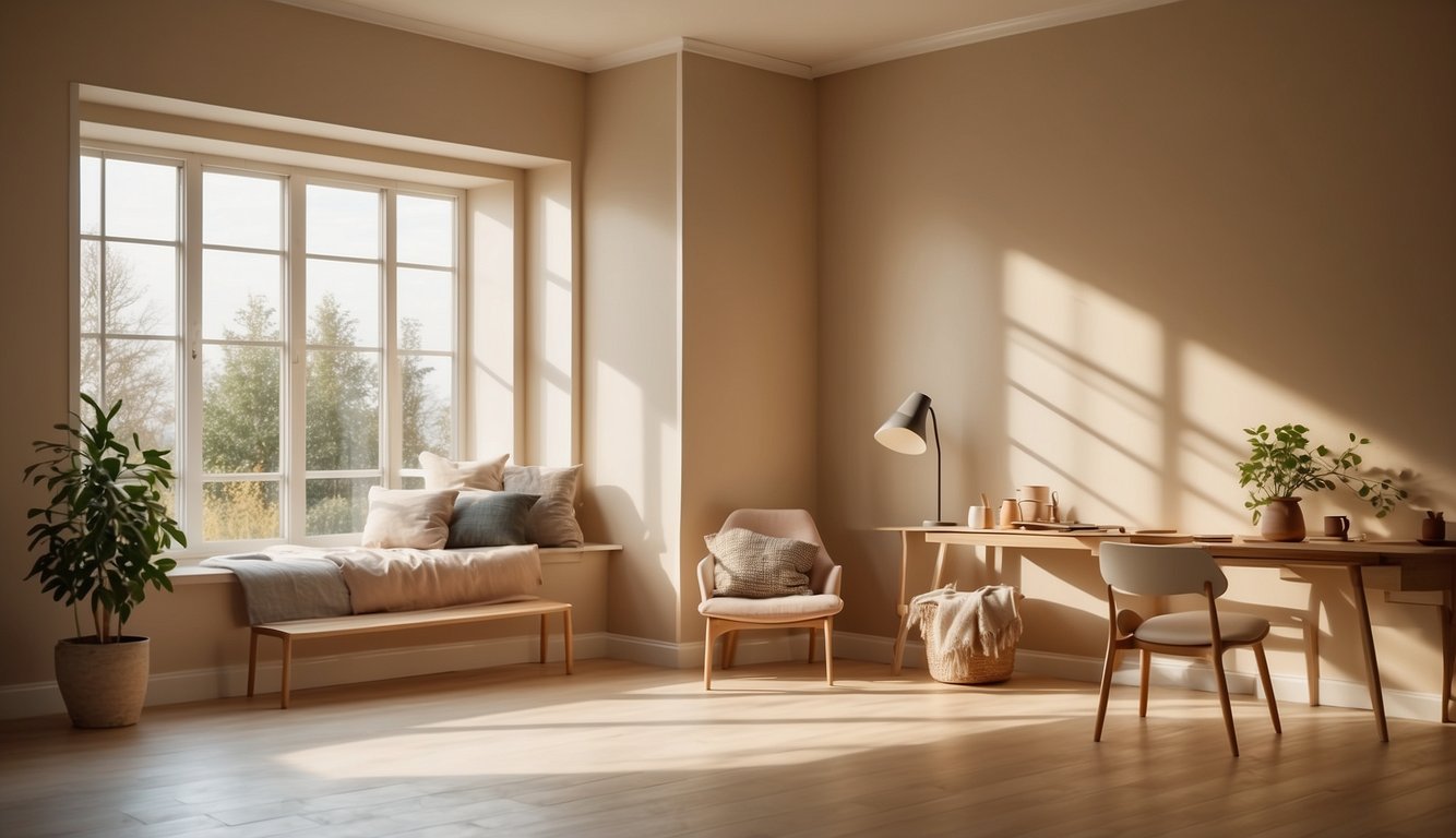 A sunlit room with warm beige walls, casting a soft glow on the east-facing side. The natural light highlights the subtle undertones of the paint color, creating a cozy and inviting atmosphere