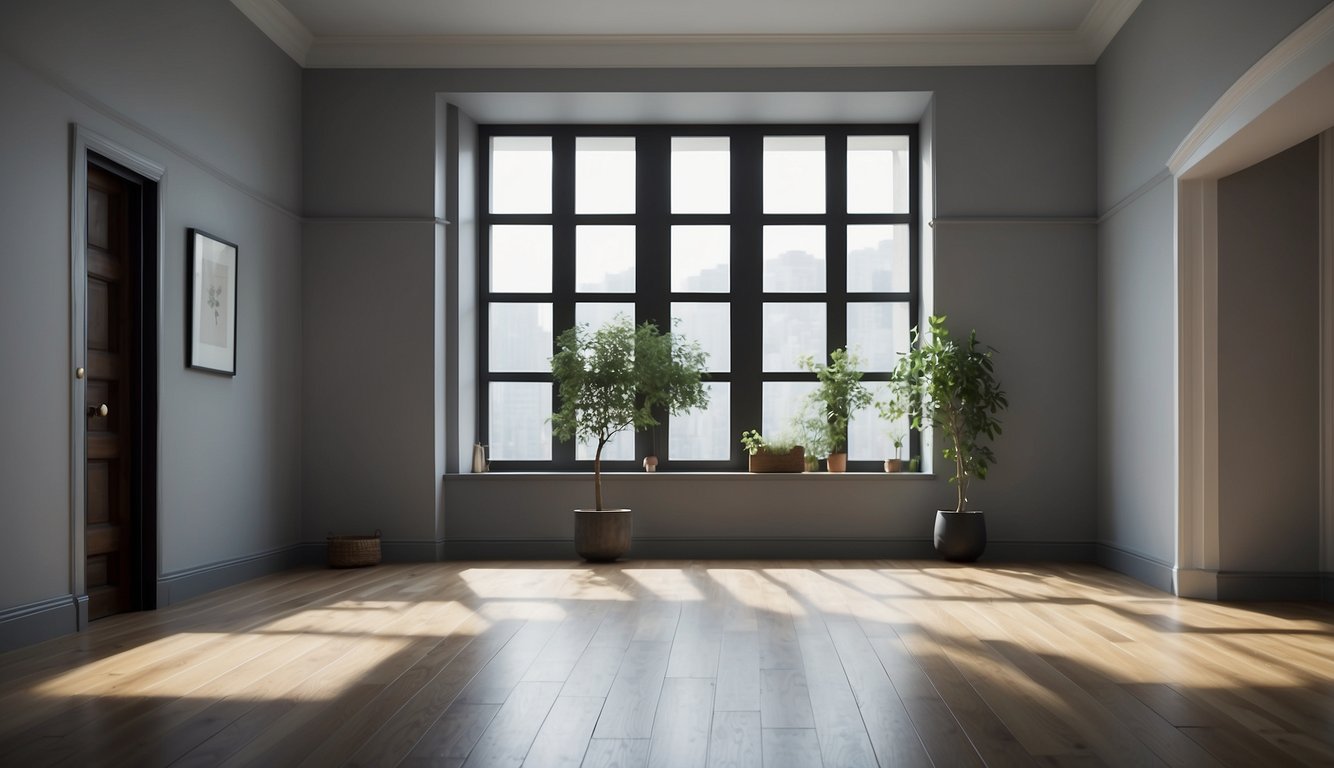 Soft gray walls in an east-facing room with natural light streaming in, creating a serene and calming atmosphere