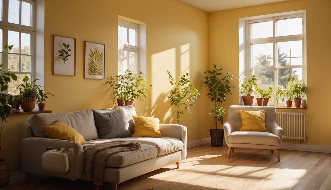 A bright, east-facing room with pale yellow walls, casting a warm and inviting glow. Sunlight streams in, illuminating the space and creating a cheerful atmosphere