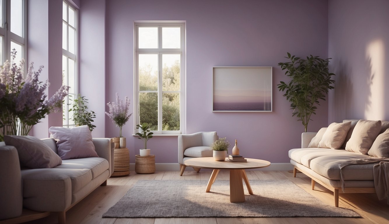 A sunlit room with soft lavender walls, casting a cool and calming atmosphere. Light filters in from the east, illuminating the space with a gentle, soothing glow