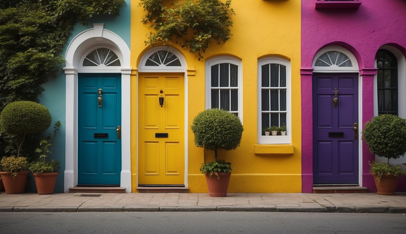 A front door painted in 7 vibrant colors, including red, blue, yellow, green, purple, black, and white, each with a glossy finish