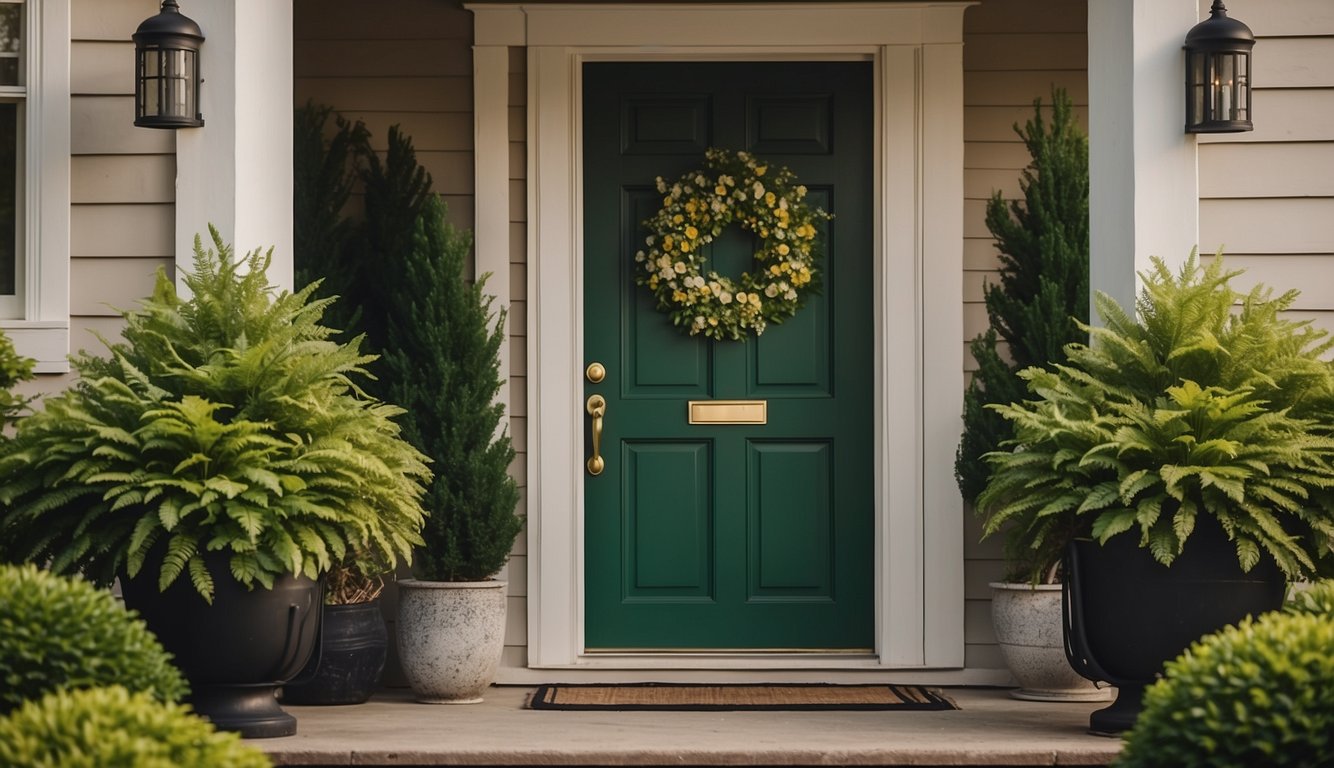 A lush forest green front door stands out against a neutral-colored house, adding a pop of color and welcoming charm to the entrance