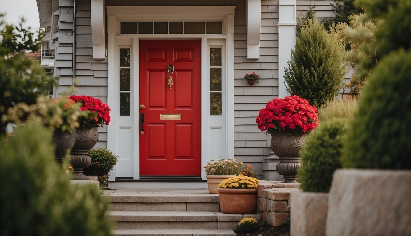 A vibrant red front door stands out against a neutral backdrop, adding a pop of color to the exterior of a home