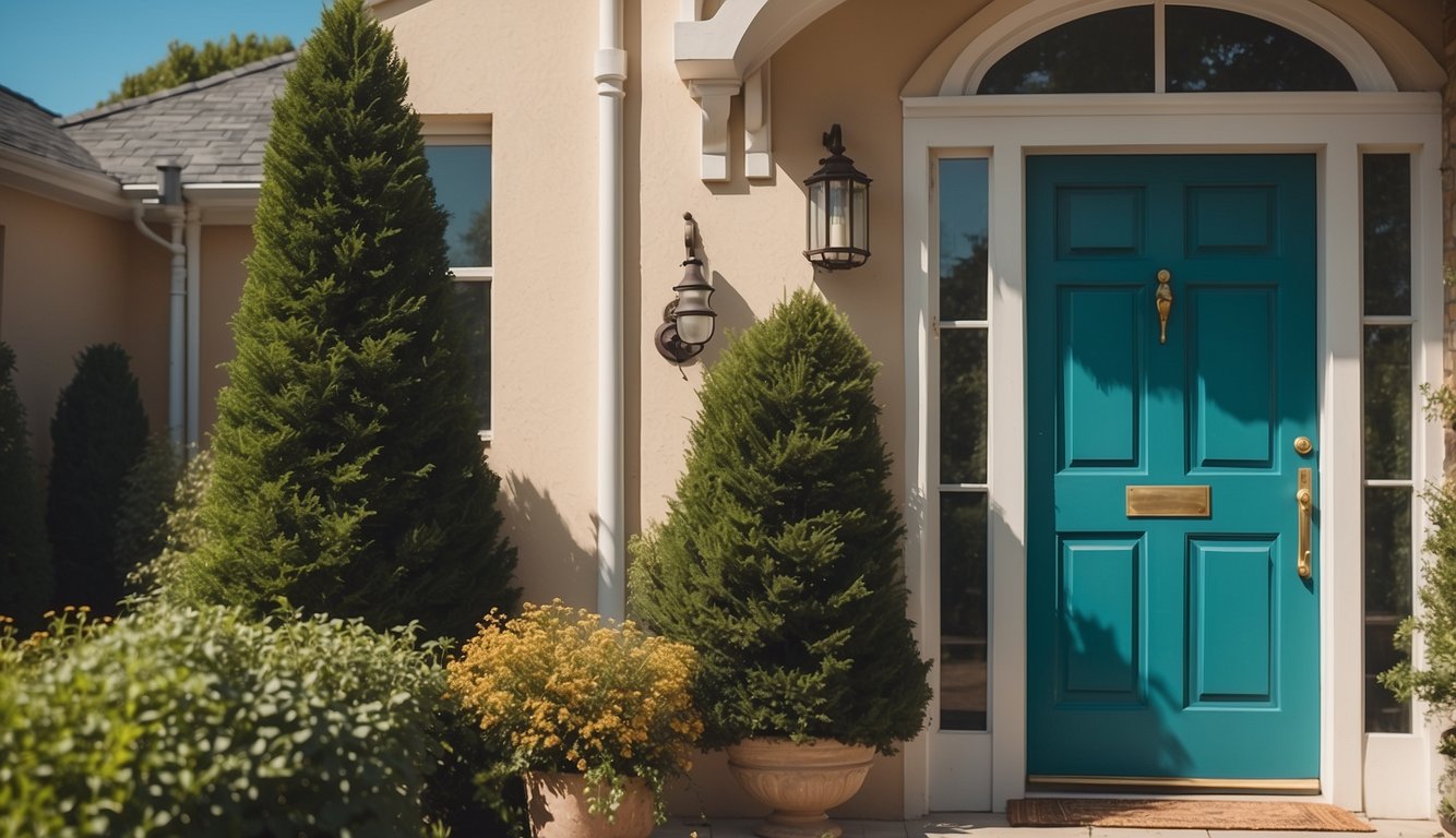 A teal front door stands out against a neutral house exterior, surrounded by greenery and a clear blue sky