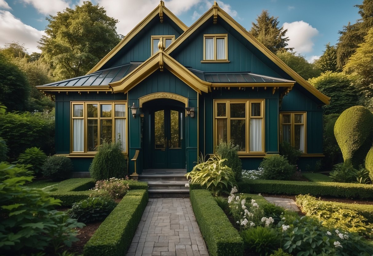 A dark green house with gold trim stands against a blue sky, surrounded by lush greenery and a neatly manicured garden