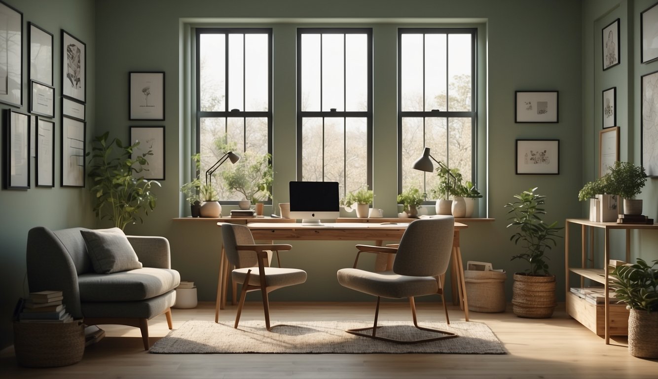 A serene office space with soft sage walls, natural light streaming in, a tidy desk, and a cozy reading nook