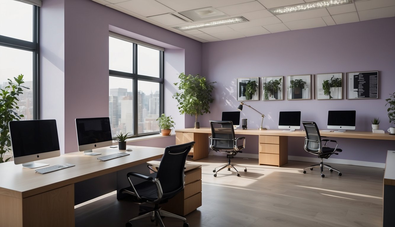 A spacious office with light lavender walls, a large desk, and modern furniture. Natural light floods in through large windows, creating a bright and airy atmosphere