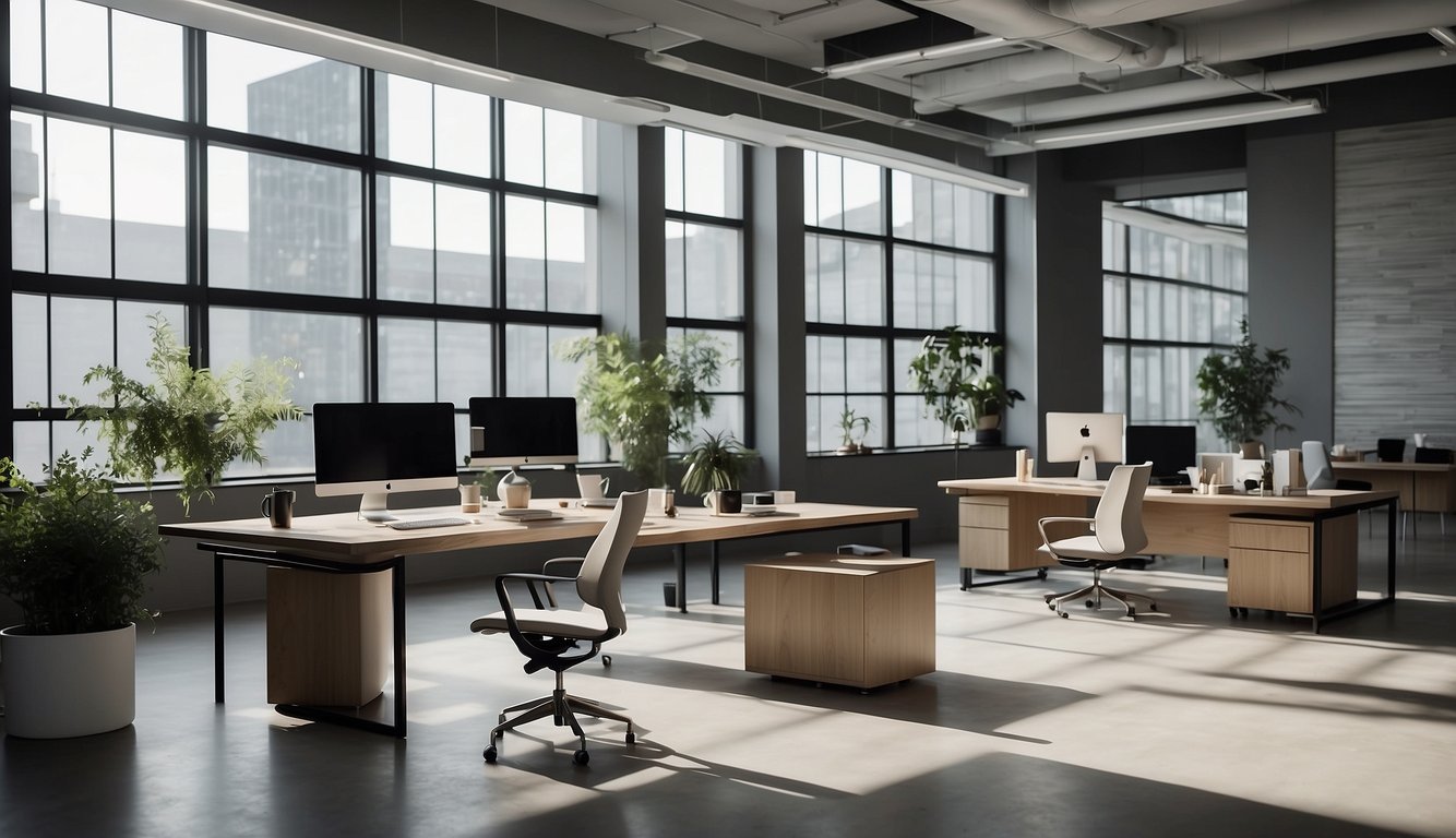 A serene office space with neutral gray walls, natural light streaming in through large windows, and minimalistic decor creating a calm and focused atmosphere