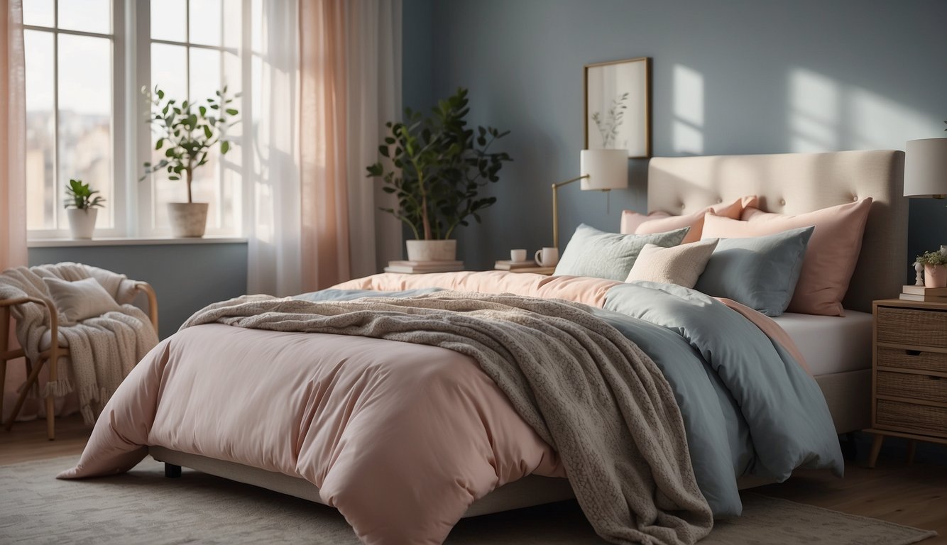 A cozy bedroom with soft, muted walls in shades like soothing blue, warm gray, or blush pink. Sunlight streams in through sheer curtains, casting a gentle glow on the room's furnishings and bedding