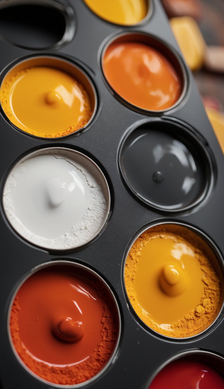 A palette with tubes of yellow, red, and white paint. A mixing tray with a blend of red and yellow creating an orange hue