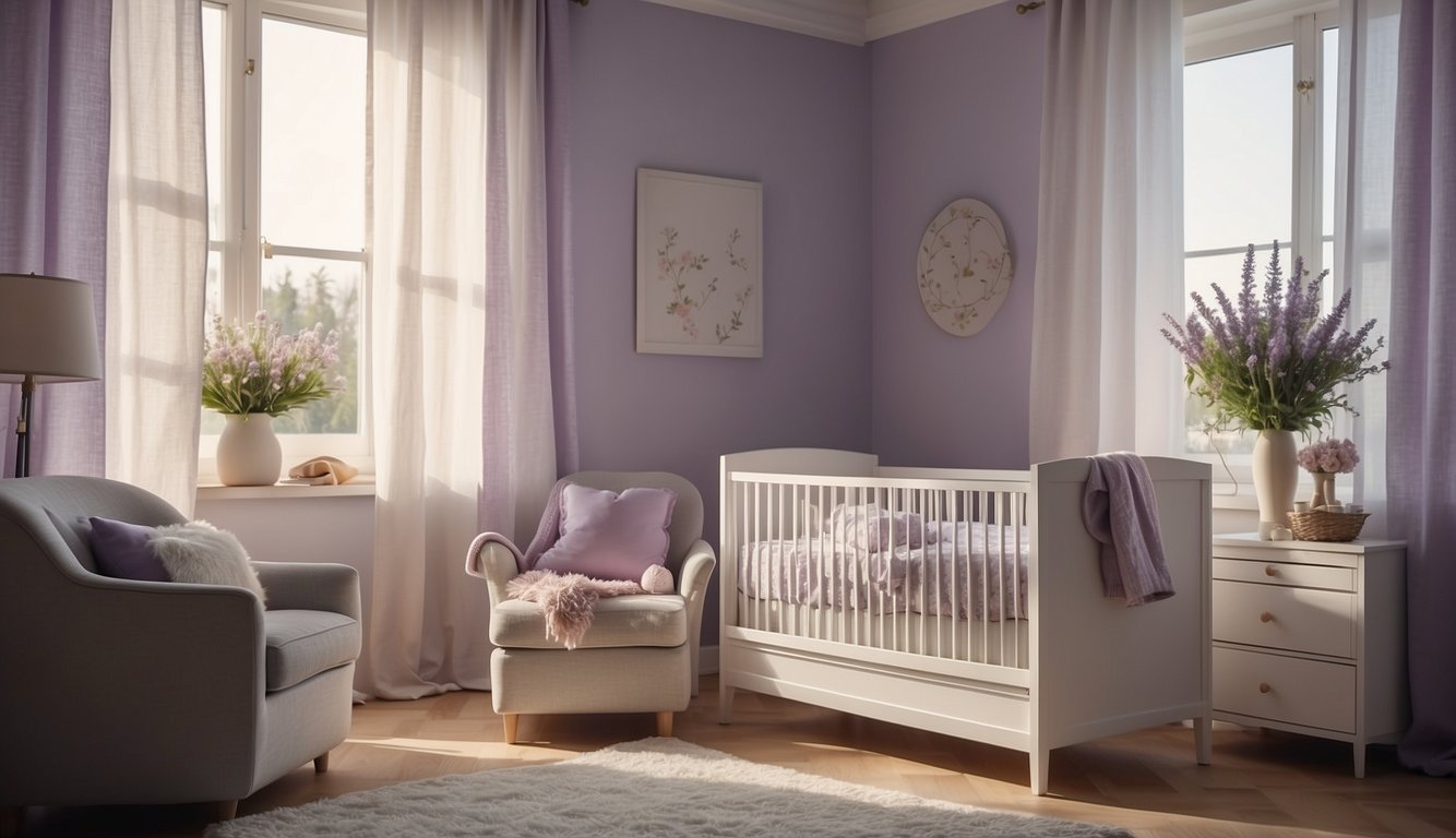 A cozy nursery with soft lavender walls, accented with white furniture and delicate floral decor. Sunlight streams in through sheer curtains, casting a warm glow over the room