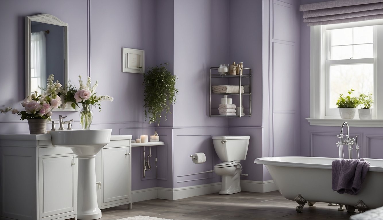 A small bathroom with pale lavender walls, natural light, and white fixtures