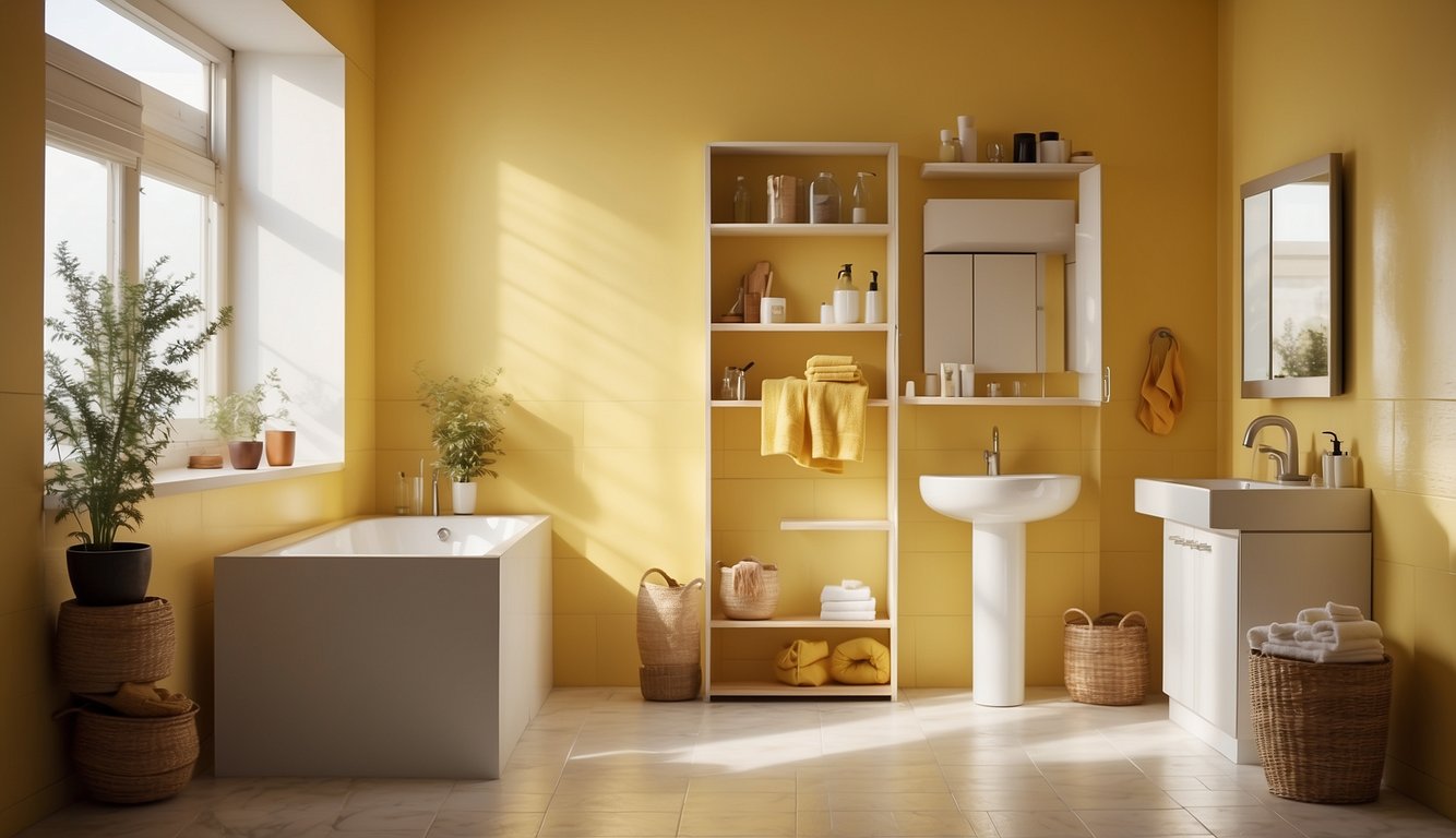 A small bathroom with sunny yellow walls, bright and inviting. Light bounces off the glossy paint, creating a warm and cheerful atmosphere