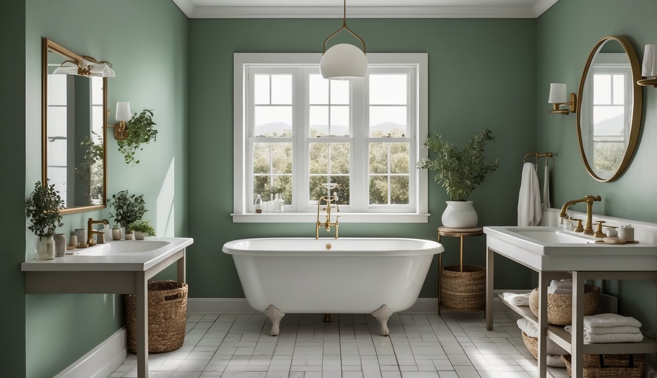 A small bathroom with sage green walls, white trim, and natural light. Simple fixtures and a clean, airy feel