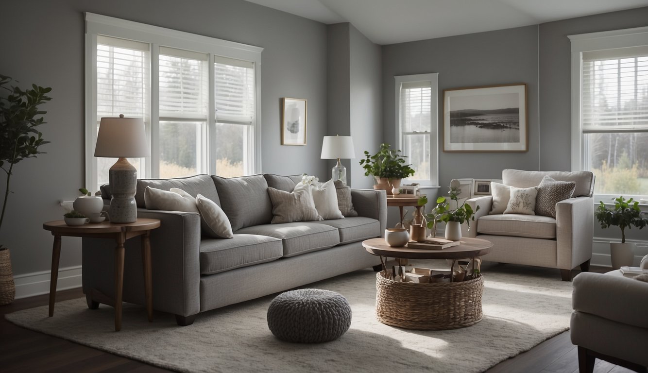 A cozy living room with northern light filtering through a window, showcasing the soft and soothing gray walls painted in "Gray Owl" by Benjamin Moore