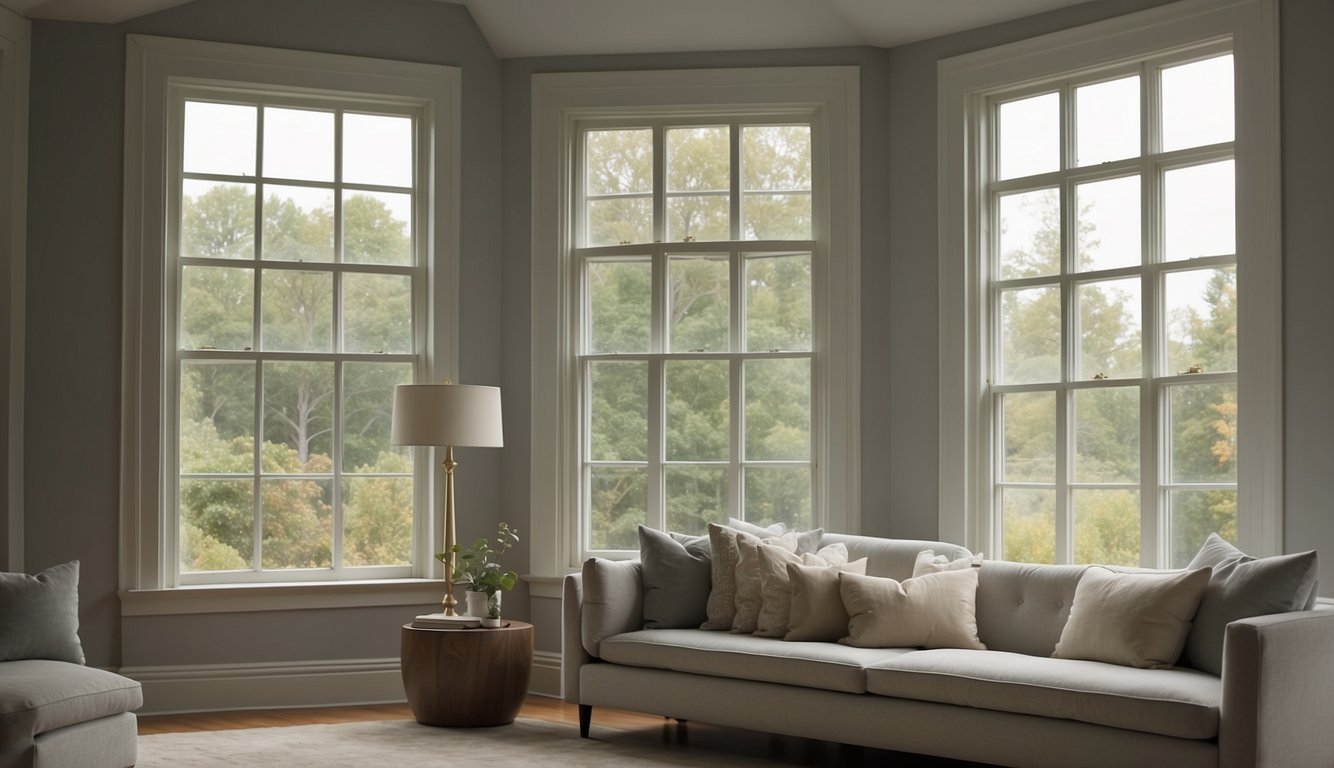 Soft light filters through a north-facing window, casting a gentle glow on the walls painted in Edgecomb Gray by Benjamin Moore. The room feels airy and inviting, with a sense of calm and tranquility