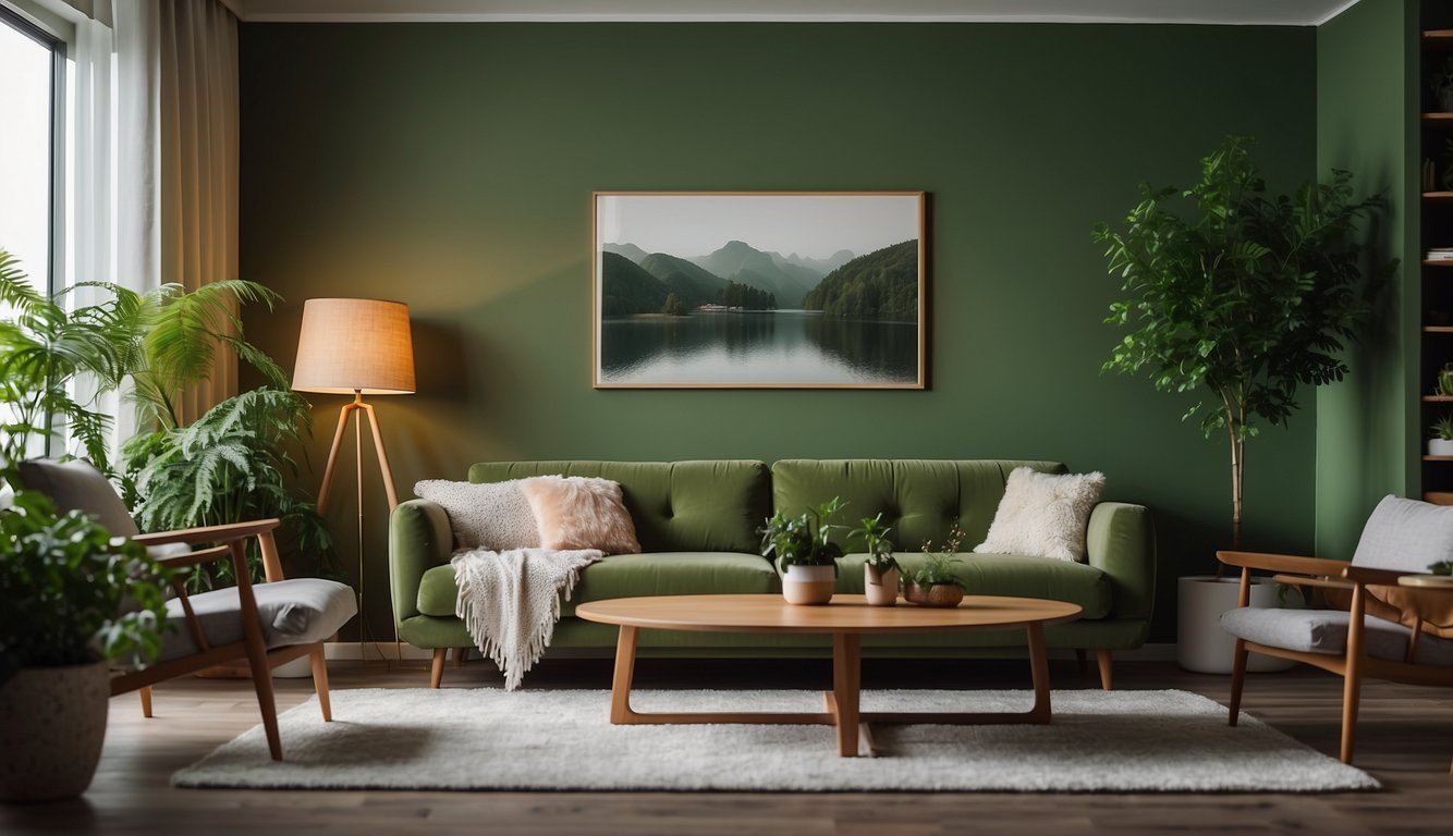 A cozy living room with soft fern green walls, warm lighting, and plush furniture