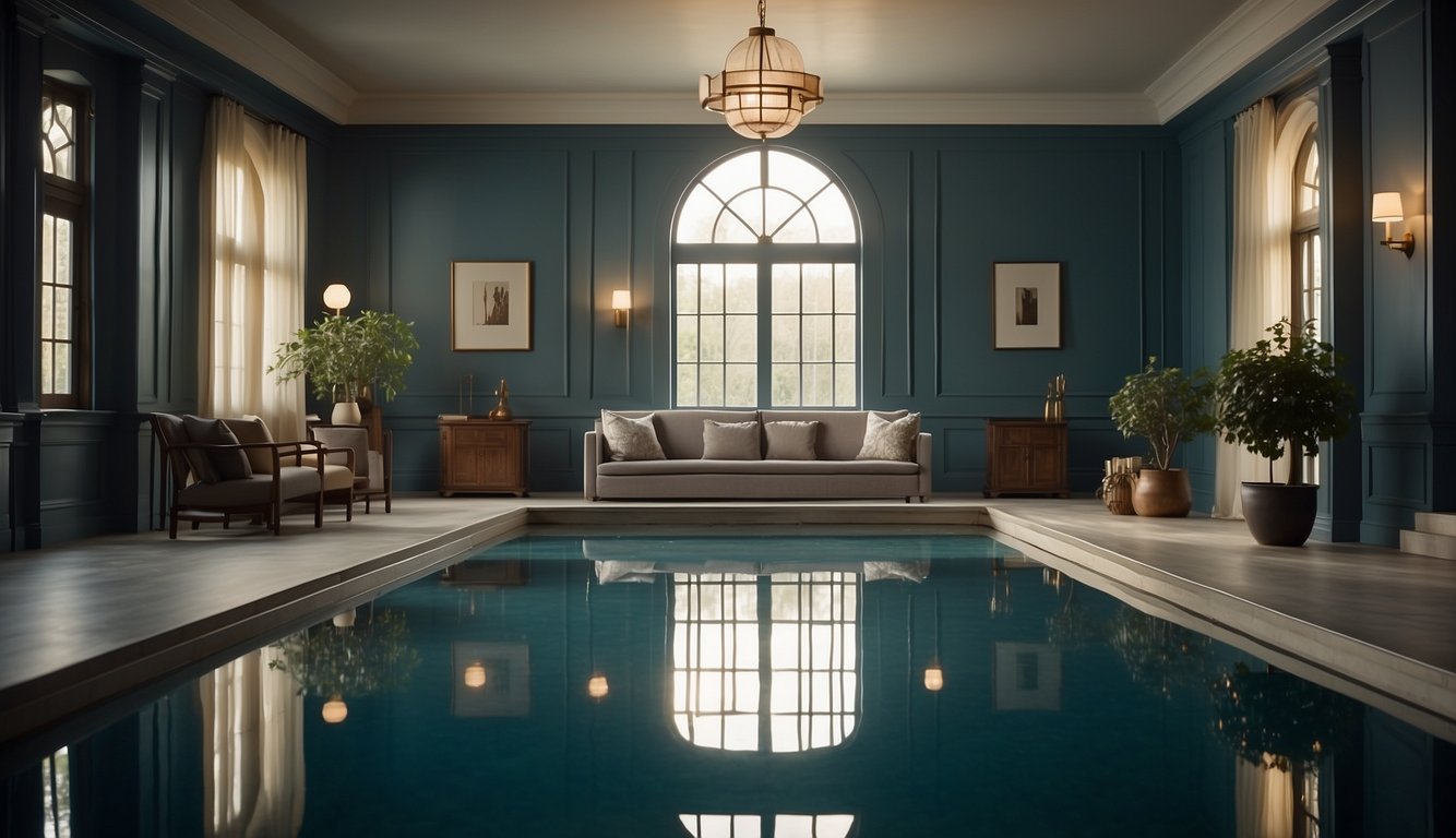 A dimly lit room with a large, serene reflecting pool in the center. The walls are painted in Sherwin-Williams' 10 Best Paint Colors for Low Light Rooms, creating a calming and cozy atmosphere