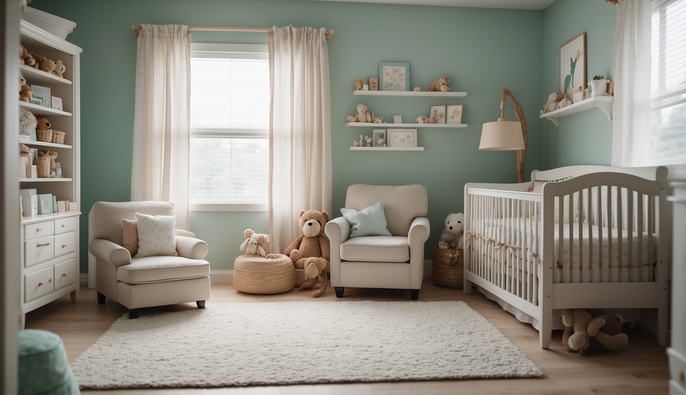 A serene nursery with seafoam green walls, soft natural light, and cozy furniture. Toys and books neatly organized, creating a calming and inviting space for a baby