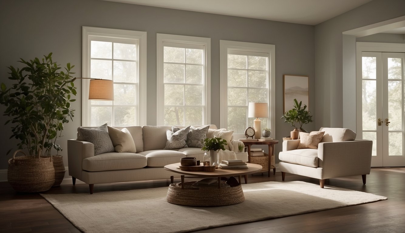 A dimly lit room with soft, neutral walls in Balboa Mist by Benjamin Moore. Light filters in, creating a cozy and inviting atmosphere